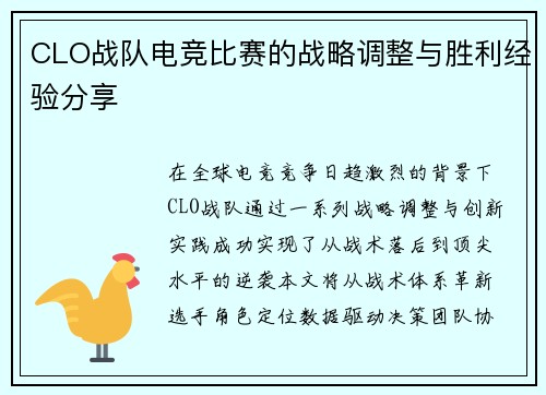 CLO战队电竞比赛的战略调整与胜利经验分享